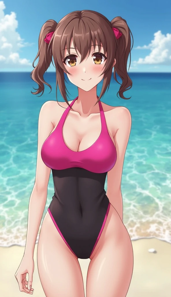 young woman at the beach, wearing a pink two-piece swimsuit, pale skin, strong body, hands on hips, long dark brown hair, hazel eyes, posing, smirk, enormous breasts