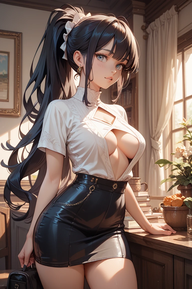Frankie, solo, 1girl, Caucasian woman, late 30s, very long straight black hair, high ponytail at back, overweight, chubby, very large heavy breasts, fake tan, heavy eye shadow, mascara, undersized white lace bra, bending over 