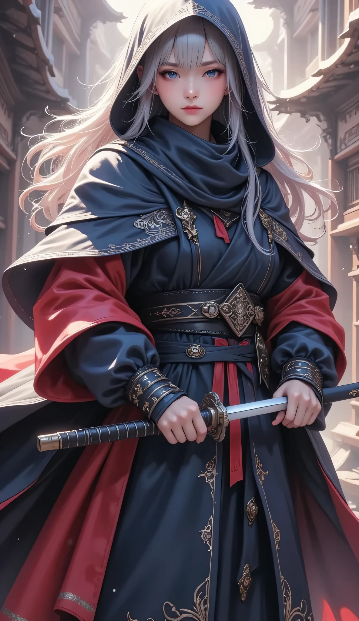 雰囲気のあるNinja,Ninja,Solemn expression ,Holding Weapons,Action in the dark,Mysterious Light,ethereal background, Detailed ,High Quality,4K,Realistic,super definition,HDR,Studio Lighting,Craftsmanship,Vivid colors,Bokeh