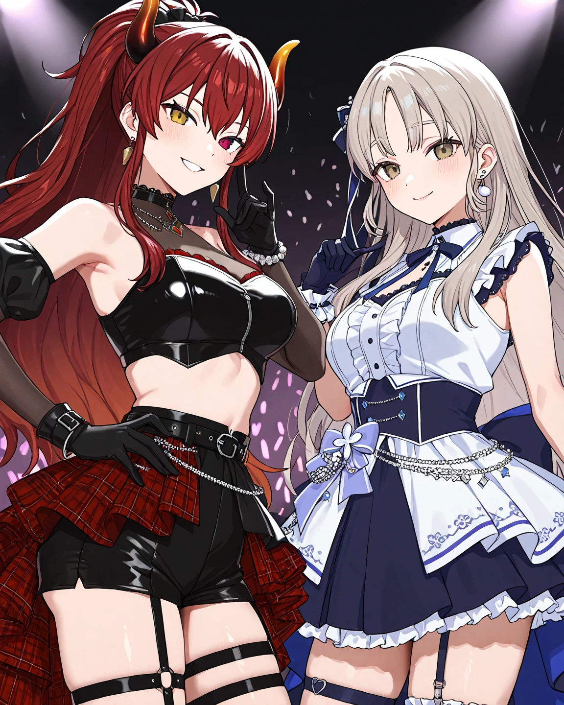 Hentai of young woman with long, wavy, light brown hair with long red gradient locks, golden iris with red gradient in eyes, lilac glitter eyelid shadow, peach lipstick, star-shaped pupils, black shirt with long sleeves, bare shoulders, short black skirt, dark stockings with fishnet stockings, choker and gothic countess or vamp style necklaces, with a slightly dark belt and chains over the chains, bare shoulders, short black skirt, inside an orgy with 3 men fucking.