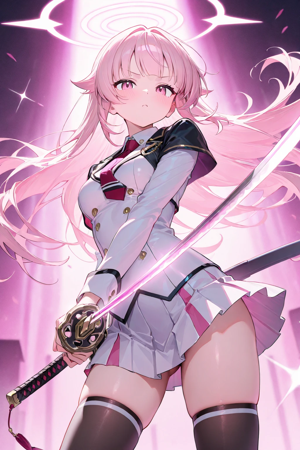 Cute girl, white outfit, white cape, crossbow in arm