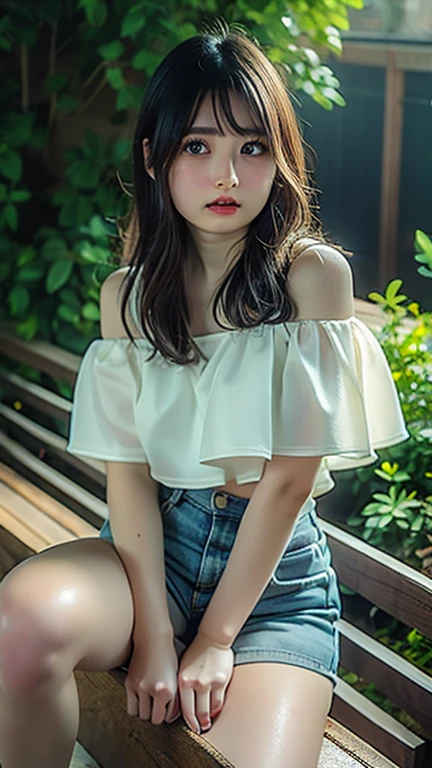 ((Best picture quality, 8K, tmasterpiece:1.3)), 1girll, Casual hairstyle, (off-shoulder blouse,Short pleated skirt:1.3),(wet see through clothes:1.4),Ultra-fine face, A detailed eye, 二重まぶた,(long leges:1.4),(athletic sneakers:1.3)Erlang legs,Sit on a high platform