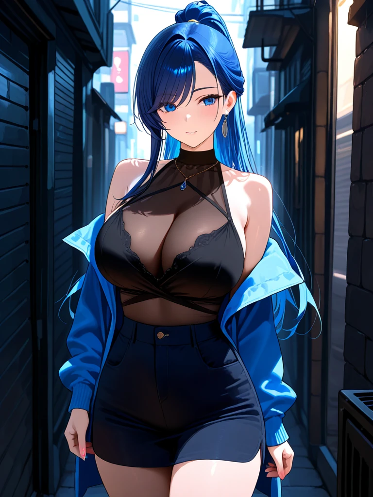 alone,Large Breasts,20-year-old,Beautiful Face,whole body,Hair on one eye,long hair, Blue Hair,