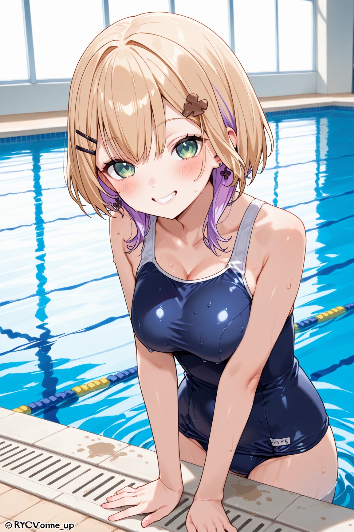(masterpiece、Highest quality、In 8K、High resolution:1.2)、alone、One Girl、 Marin Kitagawa、Feeling embarrassed、blush、Purple Eyes、Look at the viewers、whole body、Navy blue swimsuit、Dark blue racing swimsuit、Glossy body、Wet body、Daytime、Poolside、Low - Angle