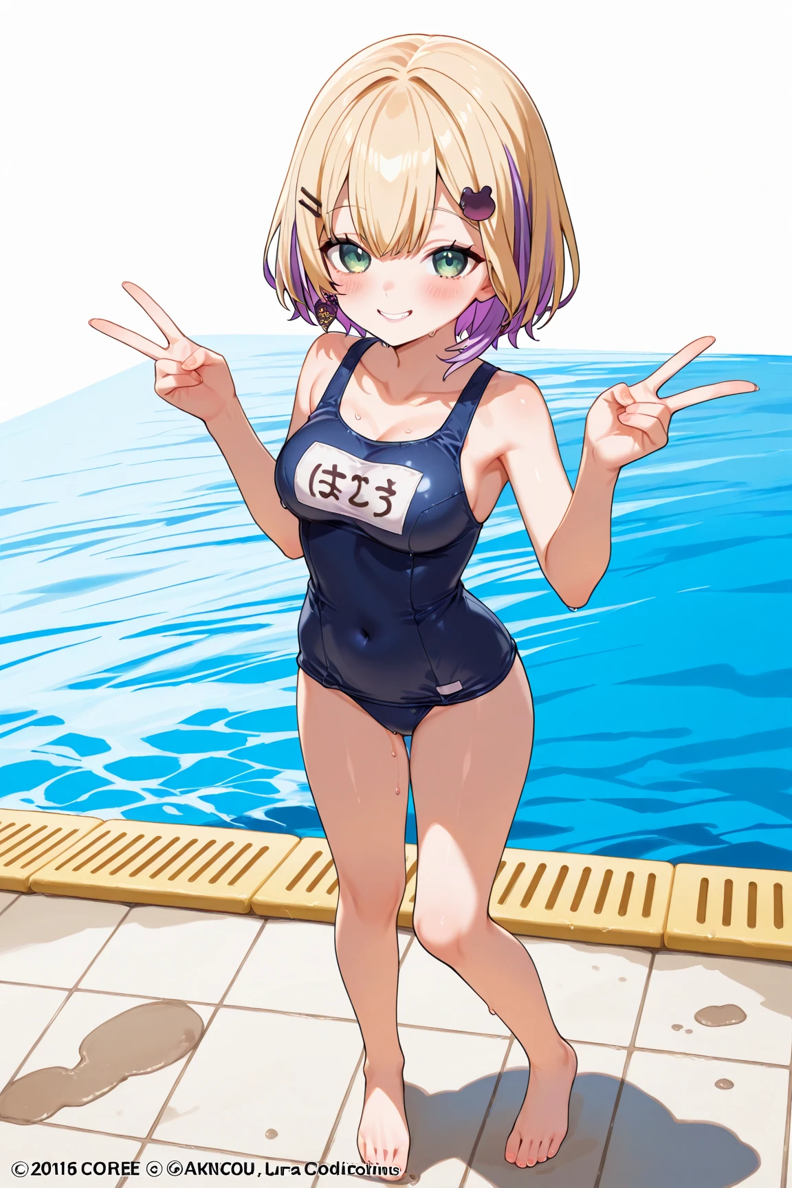 (young girl ,short stature,gyaru) ,flat chest,nsfw,big head, rotund.see-through one-piece-swimsuit,, random hair,random pose,randam angle,
