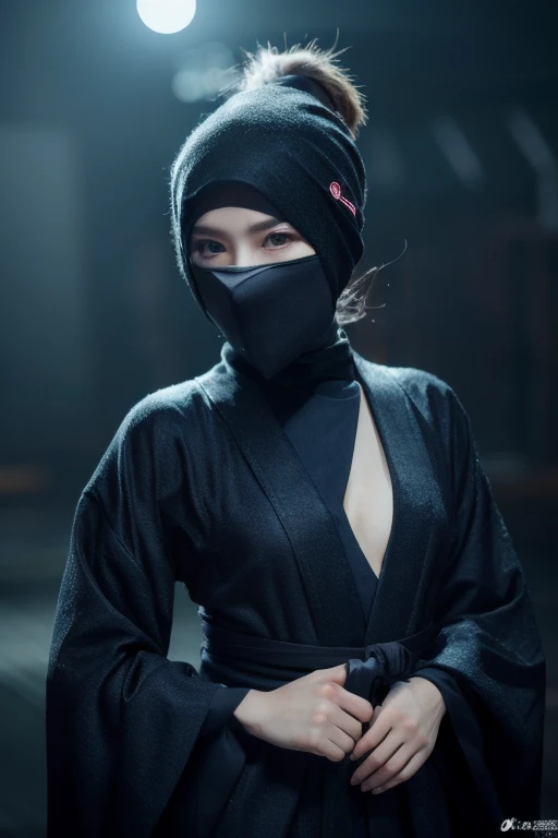 1girl,in the dark, solo, long hair, breasts, thighhighs, jewelry, medium breasts, very long hair, ponytail, braid, white hair, earrings, mask, covered mouth, ninja, bodysuit, ninja mask, blouse,smirk, half body photo, sith, <lora:AiRi:0.6>,