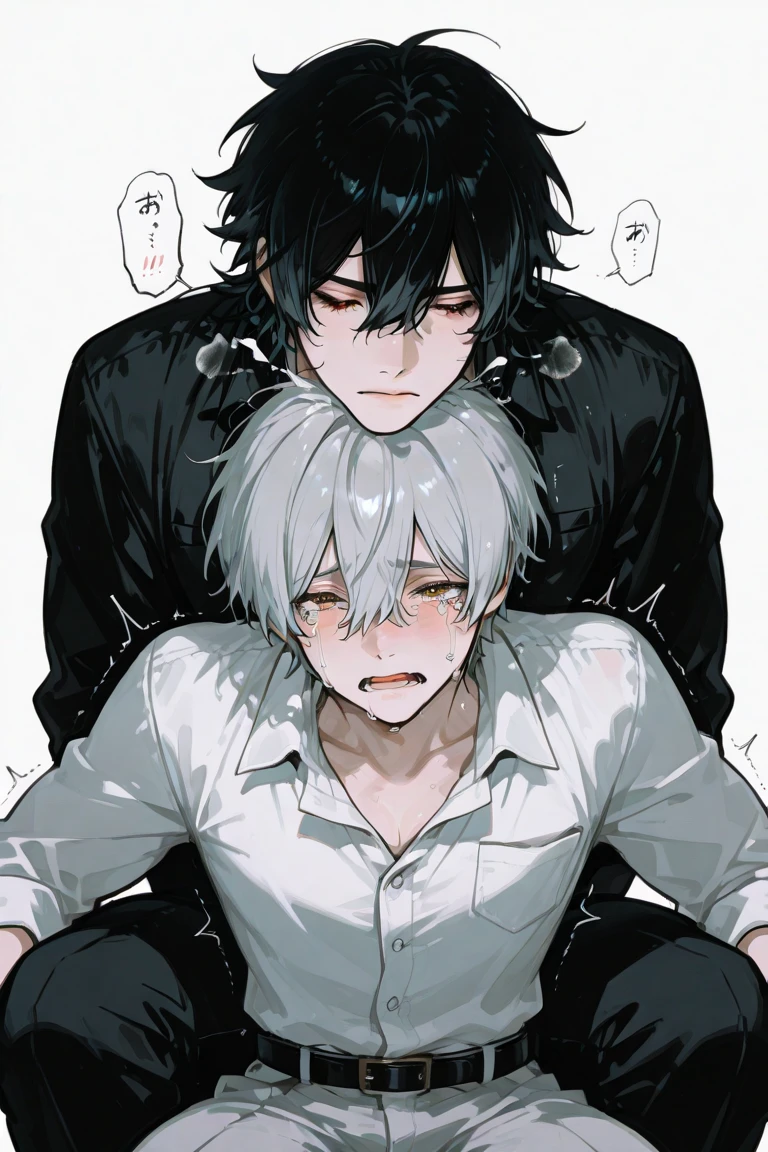 masterpiece, best quality, evangelion kaworu nagisa, kaworu nagisa, boys, nsfw, red eyes, seductive, hot, seductive face, bukkake, cum dumpster, sex slave, blowjob, face covered in cum, cum eating, drinking cum, holding a big bowl of cum, surrounded by black men dicks, black men dicks, very big dicks