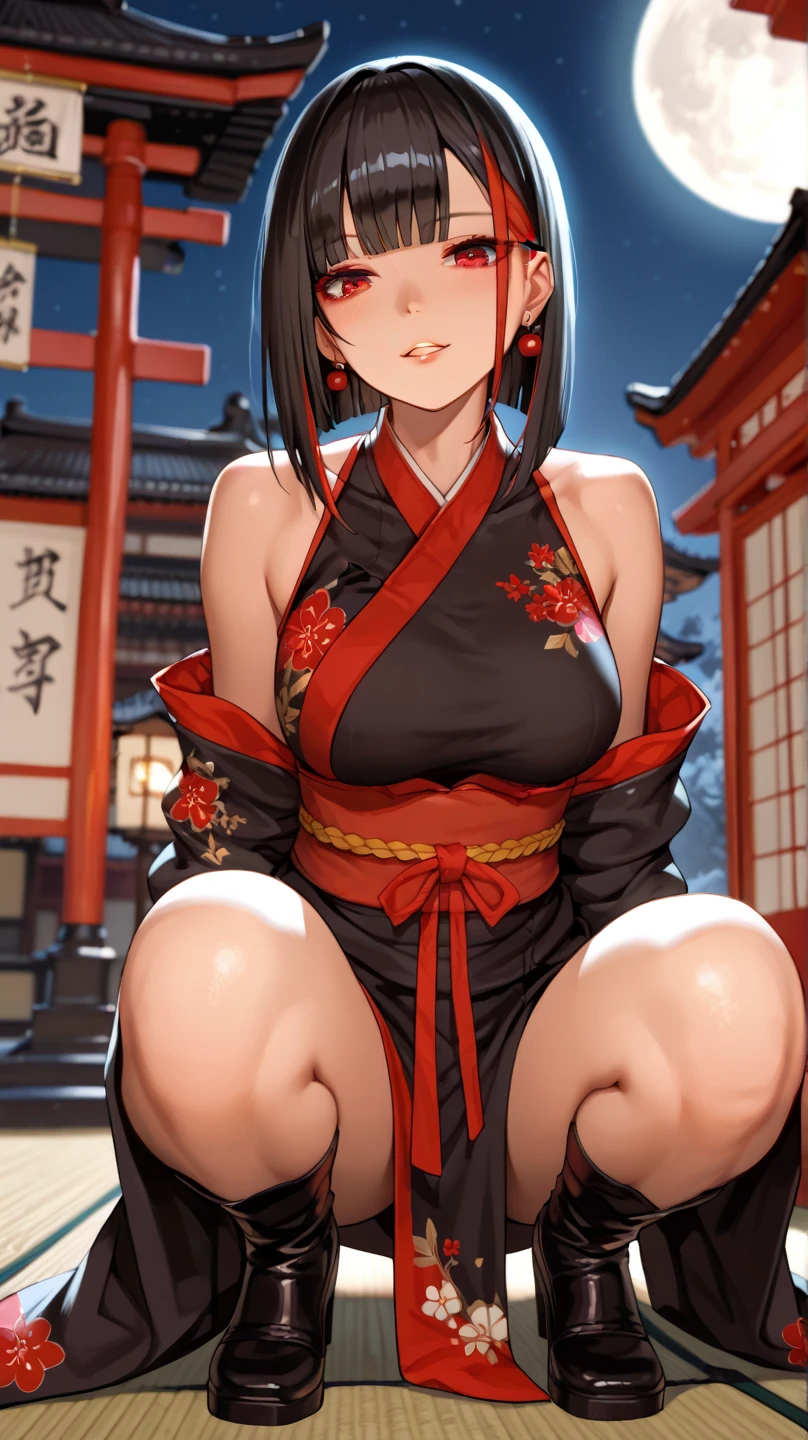 (masterpiece), (best quality), (ultra-detailed), (full body shot), seductive pose, sitting on tatami, (traditional japanese house), (geisha), (black hair), (intricate hair ornament), ((pale skin)), (red lips), slipping kimono, shoulder, (((intricate red kimono))), (((red flower kimono))), (((small breasts))), ((nipples slip)), ((white obi belt)), (large belt), (((no panties))), (naked pussy), ((spread legs)), ((bare legs)), (((wooden wedge platform sandals))), sensual pose, detailed scenery, dynamic angle, mischievous smile, indoor