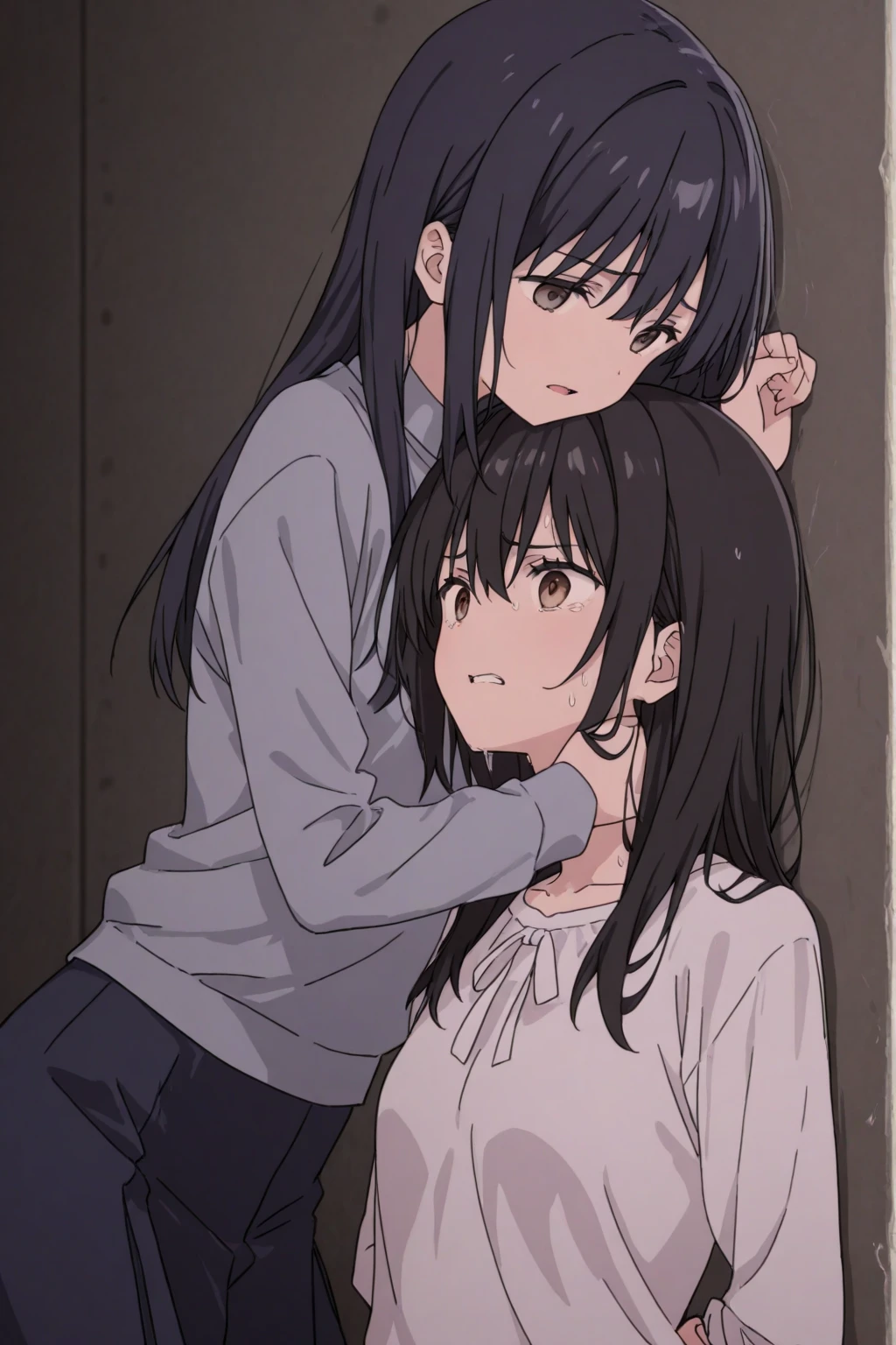 (A woman is fucked by a man on all fours:1.5)、(In a hotel bed:1.2,Azune, Long Hair, Black Hair, (Single-edged:1.2), Hair Ribbon,Pink Eyes,Gray Knit Sweater Dress,V-neck,long sleeve bodycon dress,Moe sleeves,from the front