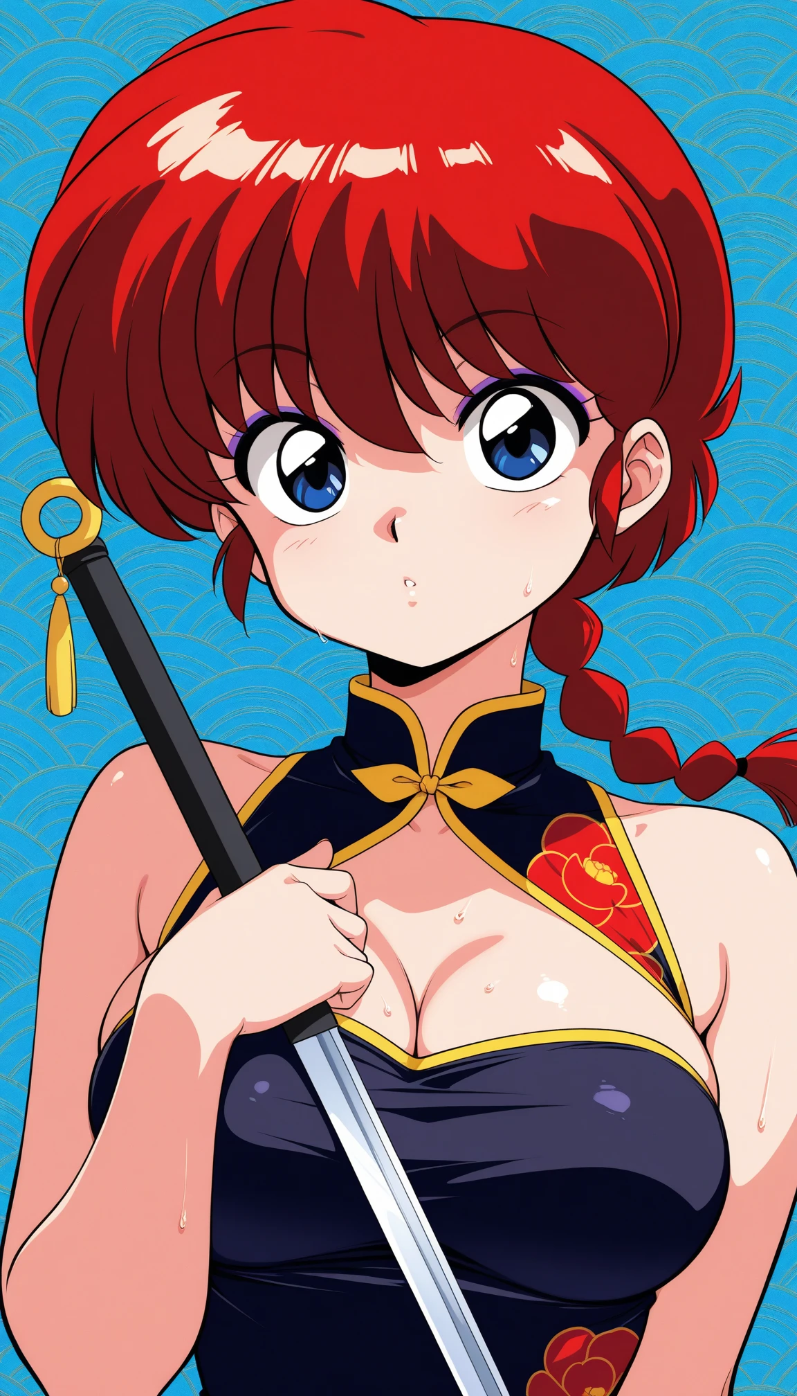 　RANMA, a beautiful girl in red shiny long sleeve Chinese clothing, exposes her nipples