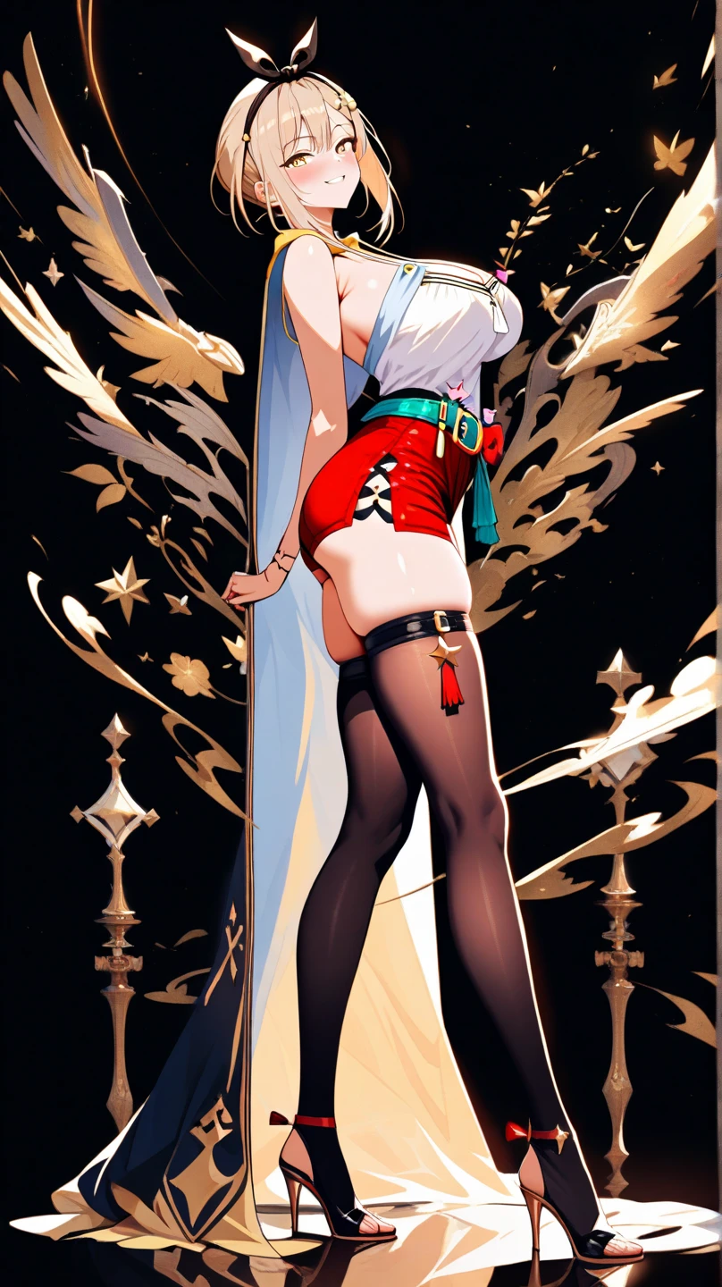 masutepiece, Best Quality, PrinzV4, 1girl in, Solo, Long hair, breasts, Looking at Viewer, Skirt, Large breasts, gloves, Navel, Holding, Jacket, Yellow eyes, White hair, Red hair, multicolored hair, Open your clothes, Black Gloves, Open jacket, official alternate costume, striated hair, Black jacket, underboob, Headgear, a flag, Red panties, Race Queen, Pending Flag,Poses that emphasize breasts、top-quality