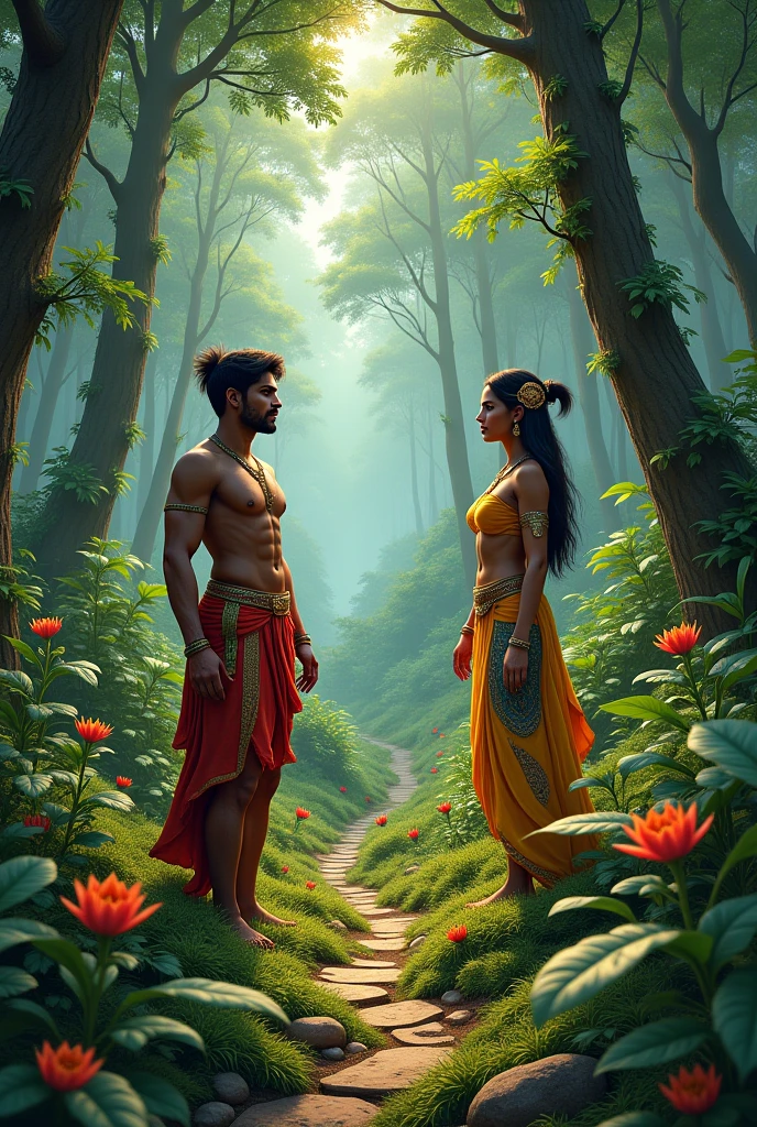 In Cinematic 3d cartoon style " A beautiful forest scene with Lord Ram, Sita, and Lakshman. Shurpanakha, a demoness with an enchanting yet fierce appearance, approaches Lord Ram with a proposal of marriage"