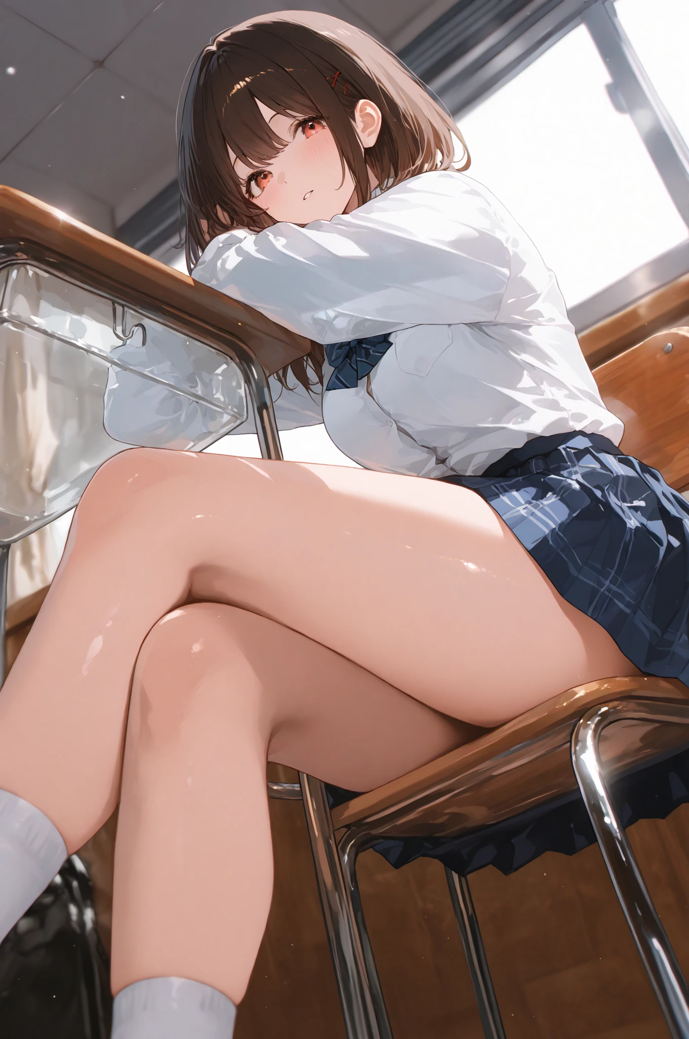 highest quality、masterpiece、1 girl、(Ahoge)、(blush:1.5)、(smile:1.5)、((fun!!))、cute、()、、high school girl、((classroom:1.5))、()、、Kamimei、look at me、(No panties:1.3)、((shaved pussy:1.5)), ((red bow tie, , black jacket, open jacket, white cardigan, white shirt, black skirt, plaid skirt、black socks))、 (No panties:1.3)、((shaved pussy:1.5))、(highly detailed closed labia:1.5)、((pee is coming out:1.8))、peeing、