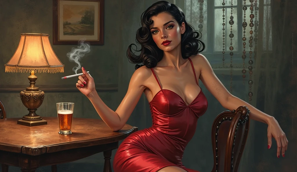Beautiful woman smiling with long black hair, black dress showing shoulders, with red and black necklace, with a glass of champagne in one hand and a cigarette in the other, wearing a rose in her hair
