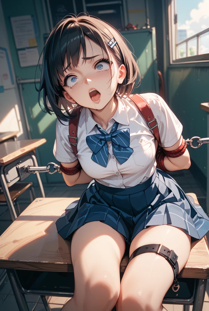 Close-up shot of a sexy woman, Gorgeous with captivating eyes and perfect makeup, radiant childhood friend, emphasized by the transparent shirt ,Pleated skirt school uniform , Show off your sexy figure with big thighs and wide hips, provocative. tie (Shibari, tay bị tie sau lưng: 1,5), (Shibari: 1,21), Bị tie, chân bị tie, gag with drool ball,wearing big red ??????? glasses, In a crowded classroom red rope