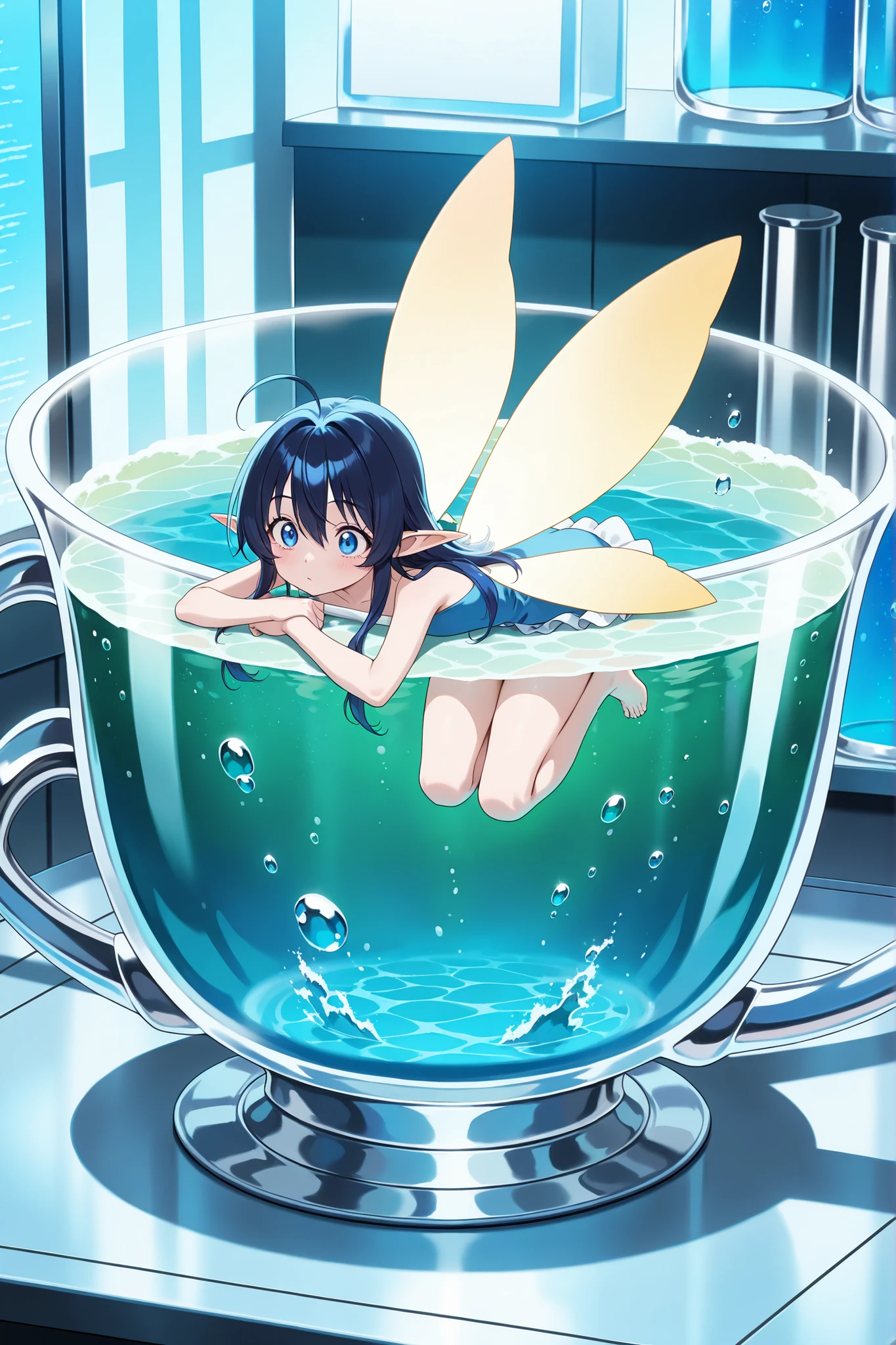 a cute little naked flat-chested fairy swimming inside a fizzy glass of lemon-lime soda