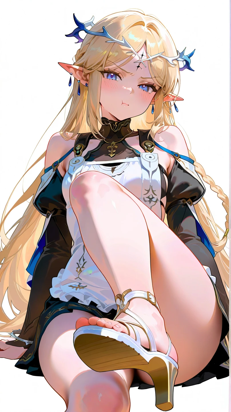 sfw,(hyper extreme detailed),(masterpeace),(hyper extreme),(photorealistic),CG,1girl,outdoors,<lora:Centaur:1>,Centaur,blonde hair, two side up, blue eyes,hair ornament,sleeveless, elbow gloves,fingerless gloves, white shirt, white miniskirt, thigh strap, asymmetrical legwear