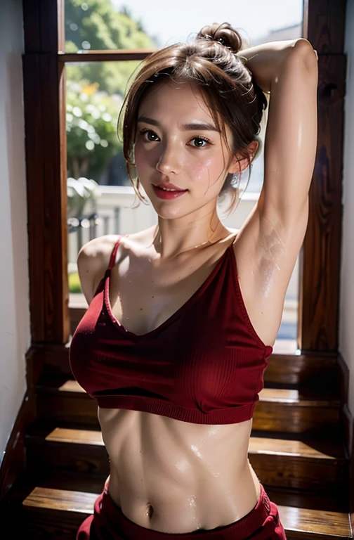 ((Show the armpits、Armpit、Armpit close-up、Transparent Strapless Bra、Glossy shiny、Detailed armpit wrinkles、Armpit poses、Realistic armpit wrinkles、Detailed skin、Wet shiny armpits、Detailed and realistic wrinkled armpits、Bright red lipstick、Solo Girl、Strapless Bras、Glossy armpits、Ultra-realistic armpits、Sunlight in the armpits、Brightly lit armpits、Bright armpits、Moist shiny armpits、shinny skin)), (Transparent Strapless Bra、Bright red lipstick、A smile、illustratio), (Hi-Res), (8K), (ighly detailed), (The best illustrations), (beatiful detailed eyes), (top-quality), (ultra-detailliert), (Master masterpiece), (详细的脸), drooing eyes,(Glossy armpits、glowy skin、Luminescent armpit),hairarmpits,Shortcut Hair、inner colored,Solo Girl、(A hyper-realistic)、(shinny skin)、(1girl in)、sun burn、Expose muscles、Sweat muscles、(1girl in)、Expose muscles、Sweat muscles,