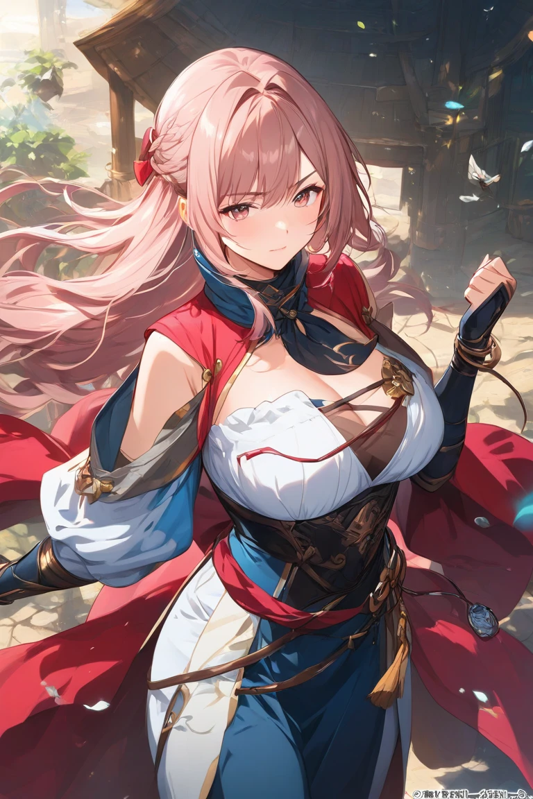 4K,high resolution,one woman,pink hair,long hair,braid,green eyes,big breasts,Naga queen,白色のNaga queen服,removable arms,white samurai armor,full armor,Heavy armor,black fishnet stockings,decorative ornaments,large Japanese sword,Medieval Village