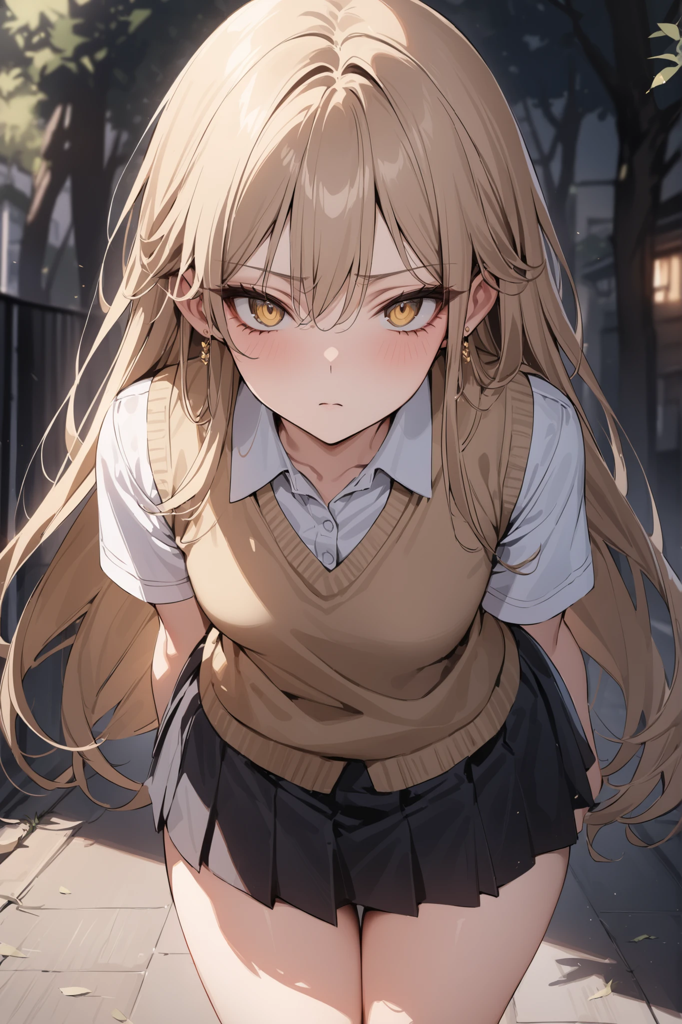 masterpiece, best quality, ultra detailed, detailed eyes, a girl, handsome, blond hair, half updo, yellow eyes, black pantyhose, ankle boots, expressionless,