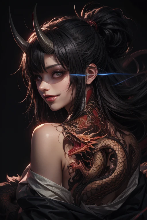 Woman with dragon tattoo on her body。