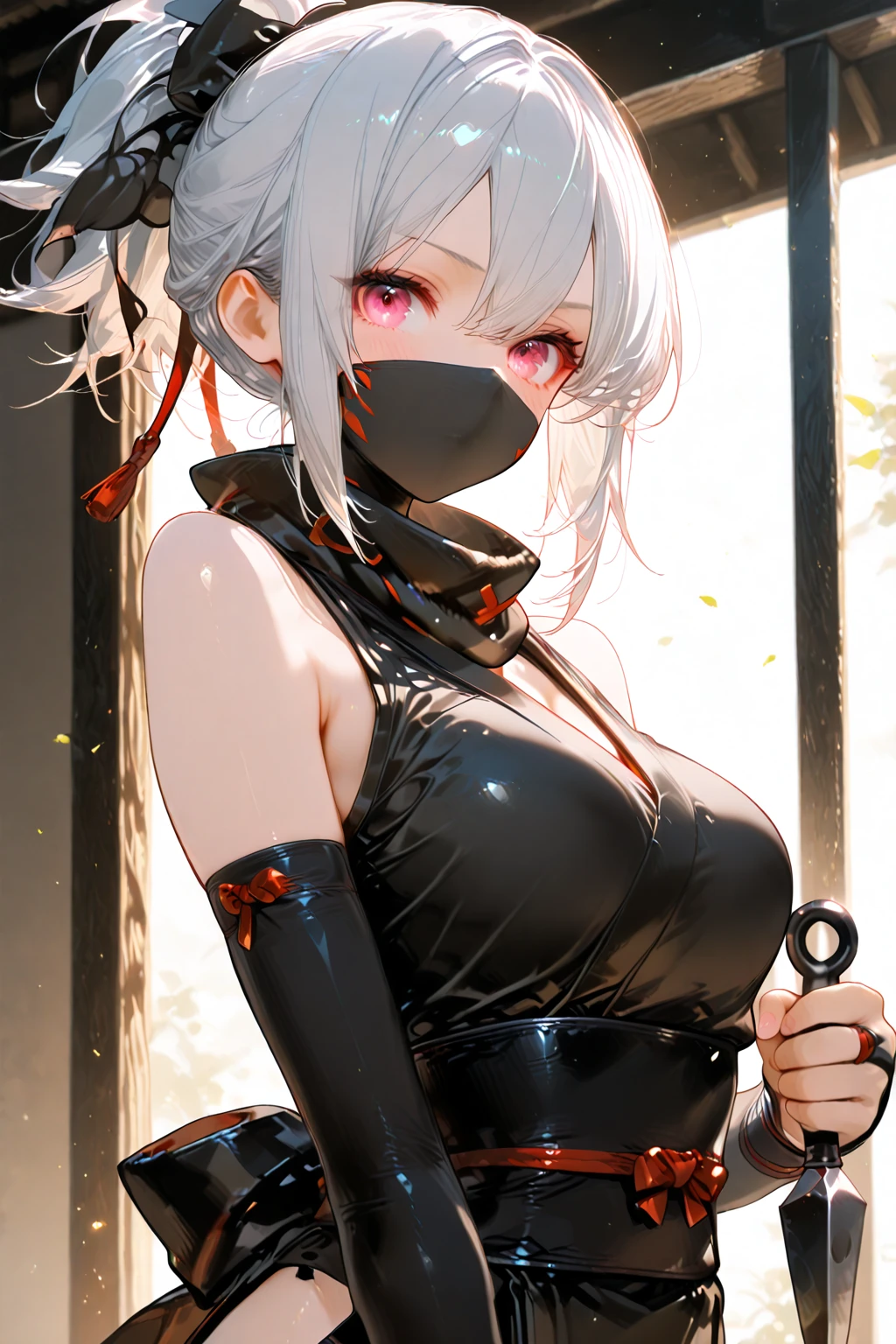 Prisoner of war, ninja, ponytail, black mask, medium breasts, torn clothes, white underwear, Japanese-style room, restraint, angry, rope, wet with cloudy liquid, wet with saliva, wet crotch, wet thighs, Watery eyes, shy, lying down, excited