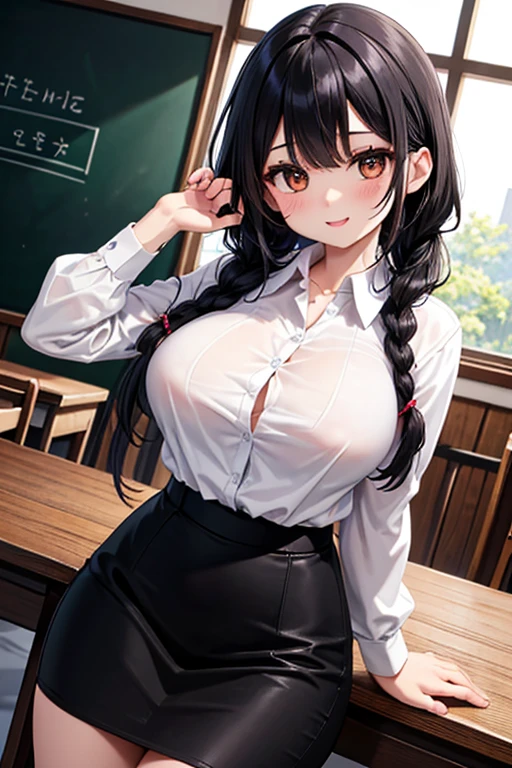 masterpiece, best quality, best lighting, shadows, perfect anatomy, 1 girl, adult anime girl, 21 years old, mature features, showing tits, bitchy face, pretty lips, pretty eyes, black wavy hair, black eyes, seductive eyes, blushing, flirty, pretty smile, tiny red skirt, wet white tight shirt, classroom background, ass, breast, thighs, seductive, spicy, hot, flirty, nsfw,