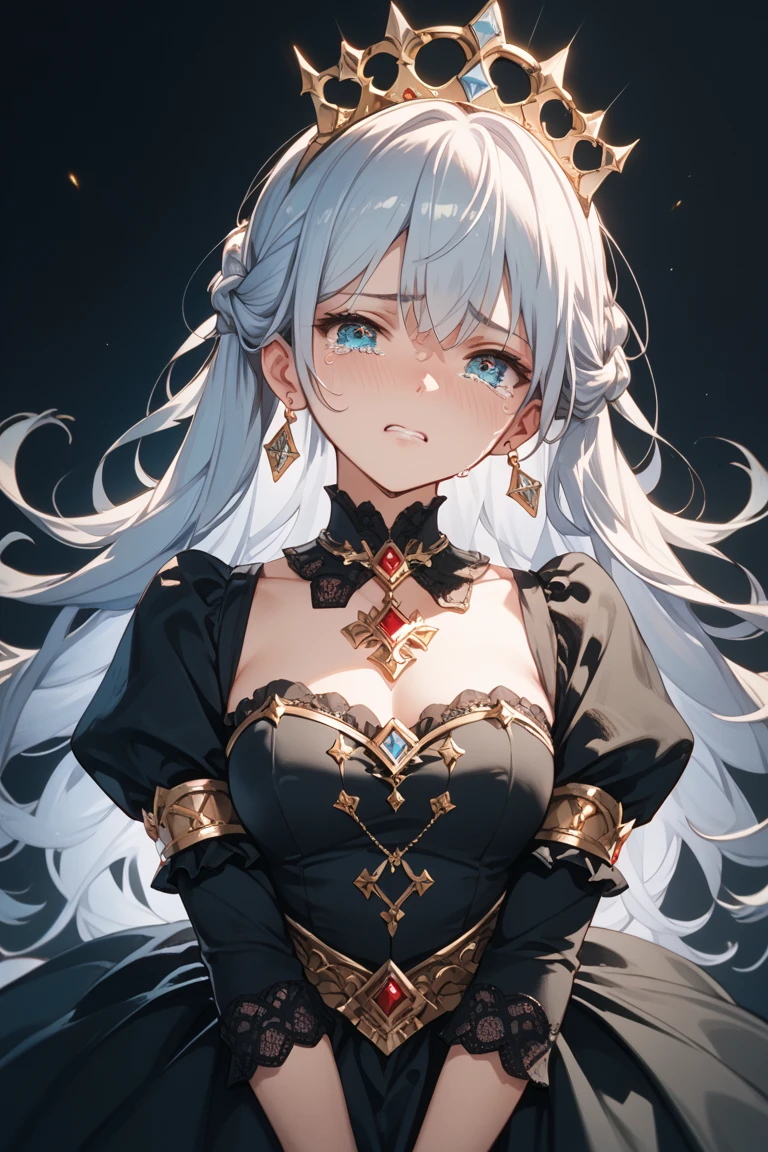 Highest quality, 8K, 4K, High resolution, High Contrast, The upper body is visible,1girl,only,Beautiful and colorful hair,Half Up Hair,(Beautifully detailed face), Red, clear eyes, beautiful eyes, Slanted Eyes,20generation, Large Breasts, night, The clothes are mainly black, Sitting, god々Old castle