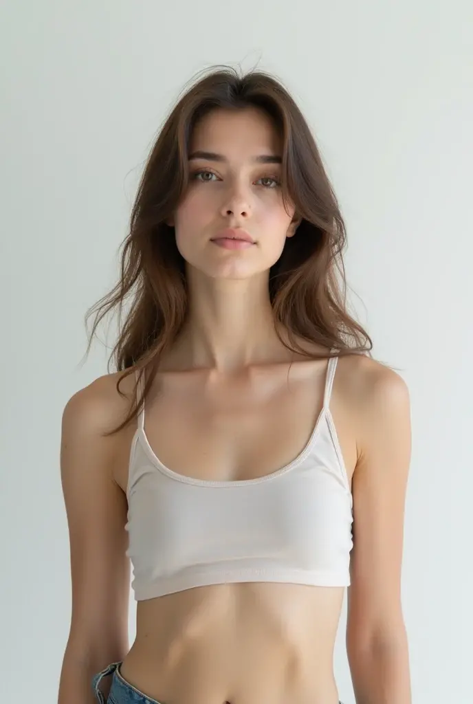 Young woman brunette natural small tiny flat chest posing braless wearing white top no bra ((ultrarealistic))