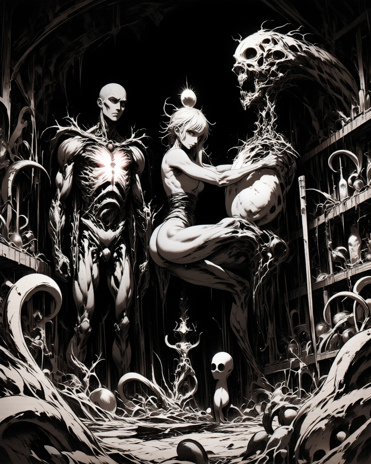 zombie sitting eating a dead person inside a room of an abandoned house. manga, anime or comic style. full hd, detailed image without errors, black and white