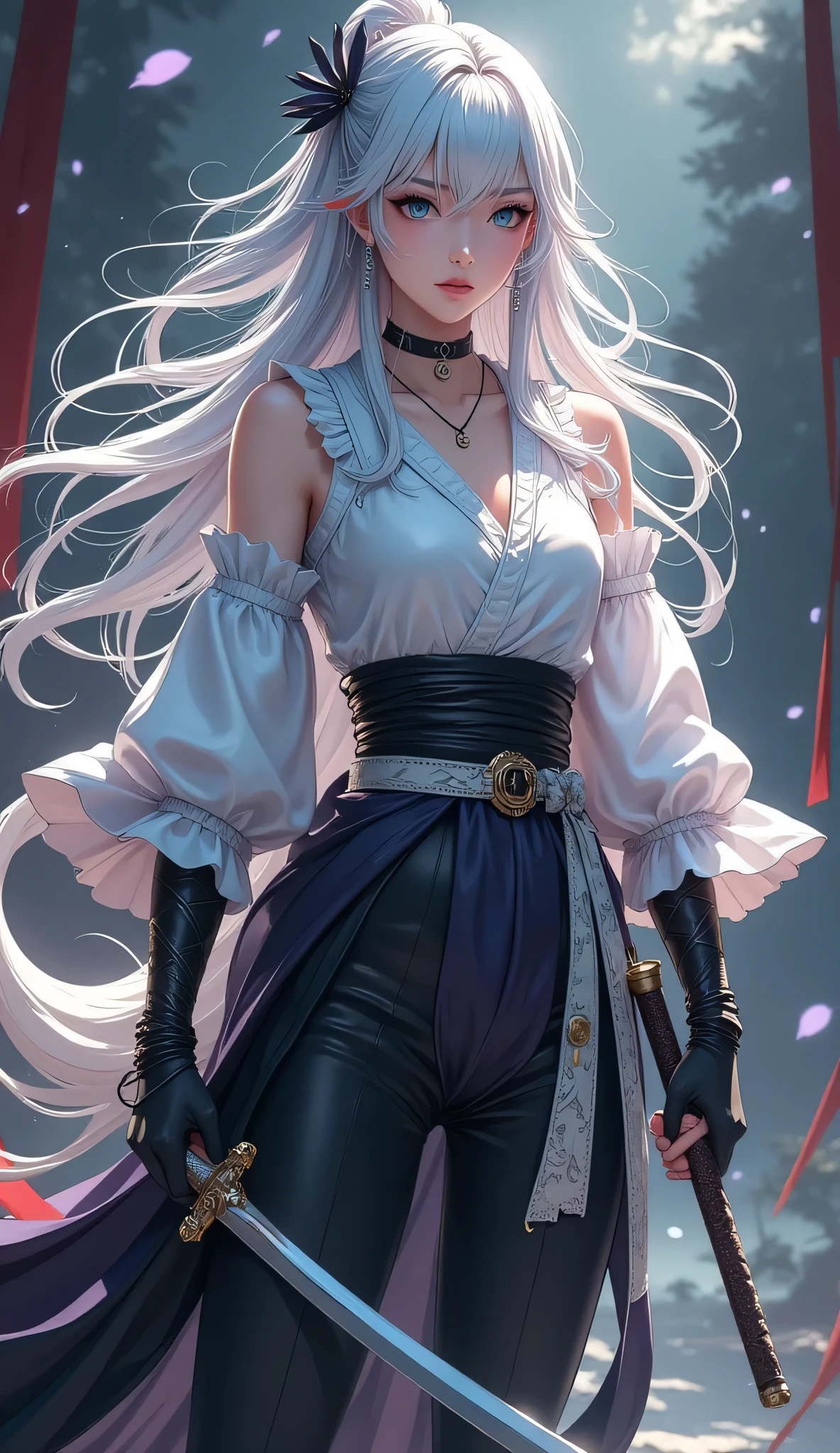 (((full body))),atmospheric ninja,full body忍者,Solemn expression ,Holding Weapons,Action in the dark,Mysterious Light,ethereal background, Detailed ,High Quality,4K,Realistic,super definition,HDR,Studio Lighting,Craftsmanship,Vivid colors,Bokeh,Full body 1 girl