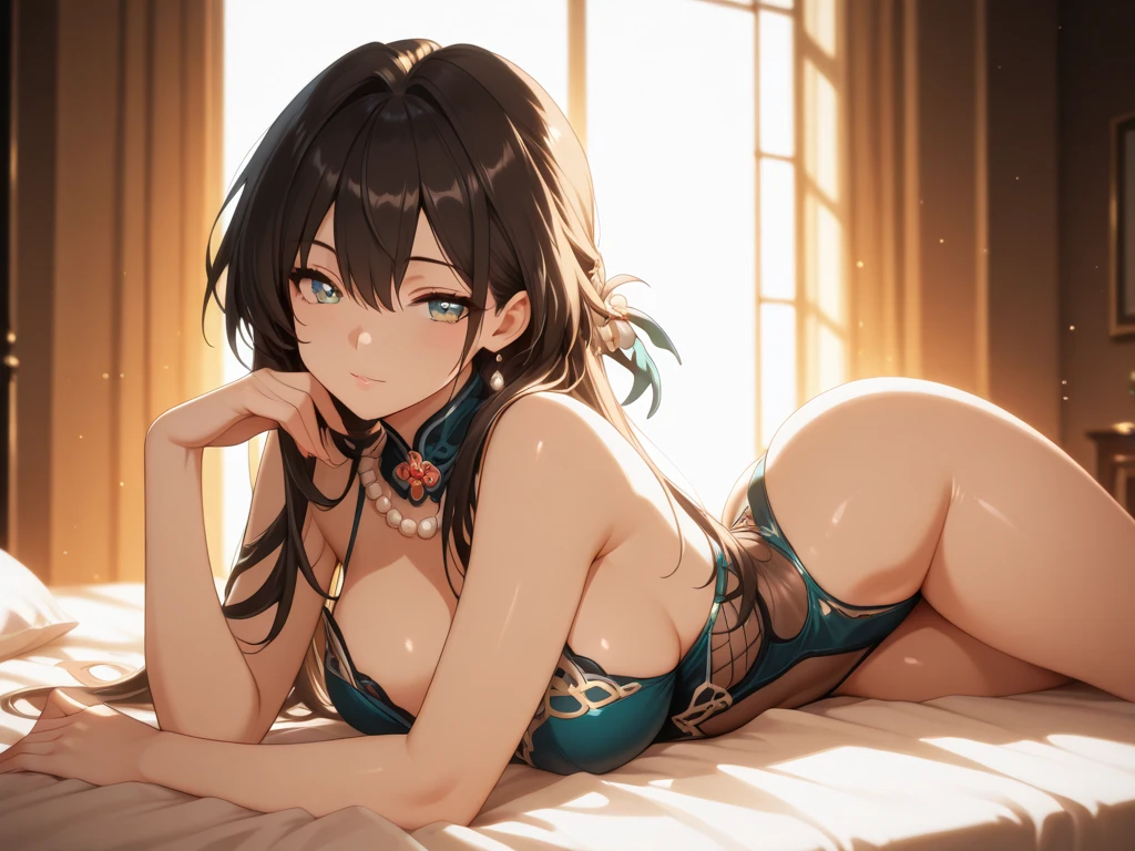 ((masterpiece)), ((best quality)), (ultra-detailed), (realistic), beautiful face, detailed hands, expressive eyes, 1girl, solo, mature female, milf, motherly, forehead, big breasts, narrow waist, wide hips, curvy, (straight hair, long hair, high ponytail, dark hair, dark eyes, dark skin, dark-skinned female, blue kimono, cleavage), dojo, looking at viewer, cowboy shot, seductive smile, sitting