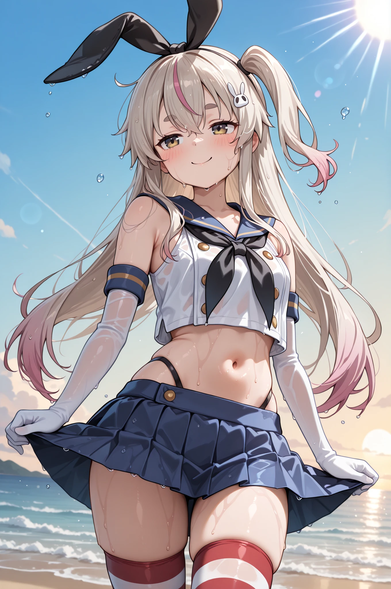 nsfw,masterpiece,top-quality,Girl in sailor suit、Navel Ejection,black pleated skirt,((skirt lift)),???????,Sexy underwear wearing,Black knee socks,Brunette Hair,Ponytail Hair,The hair is disheveled,Blue-green eyes,Smiling expression,Red face,(??? on body),sweat,Steaming,steam,blows wind,Low-angle,Dark Tunnel,