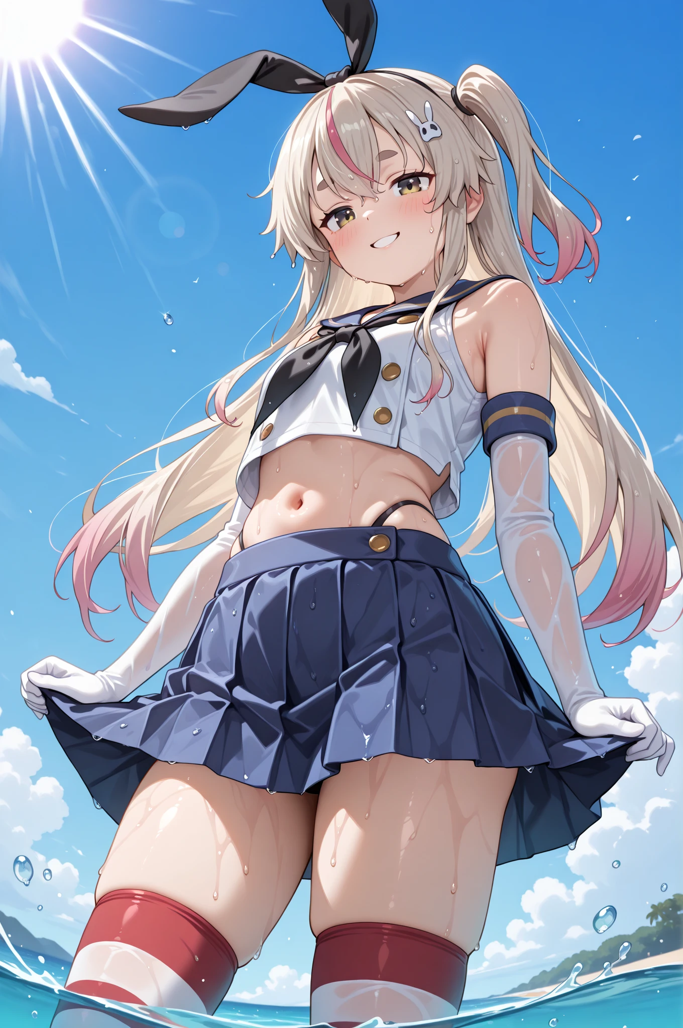 (master_piece, high_quality, beautiful, super delicate, absurdres:1.2), 1girl, mature, 16 years old, beautiful face, ahoge, hair fluttering in the wind, white hair, blue eye, (long sailor suit, long skirt, The wind is blowing, Skirt flipped up, I can see your underwear, skirt that flipped in the wind, skirt billowing, I can see your underwear, wind lift:1.2), port, (clear water, gemstone sea:1.2), Ship in the distance, The trails that planes make, blue sky, Sunshine, street in the distance,