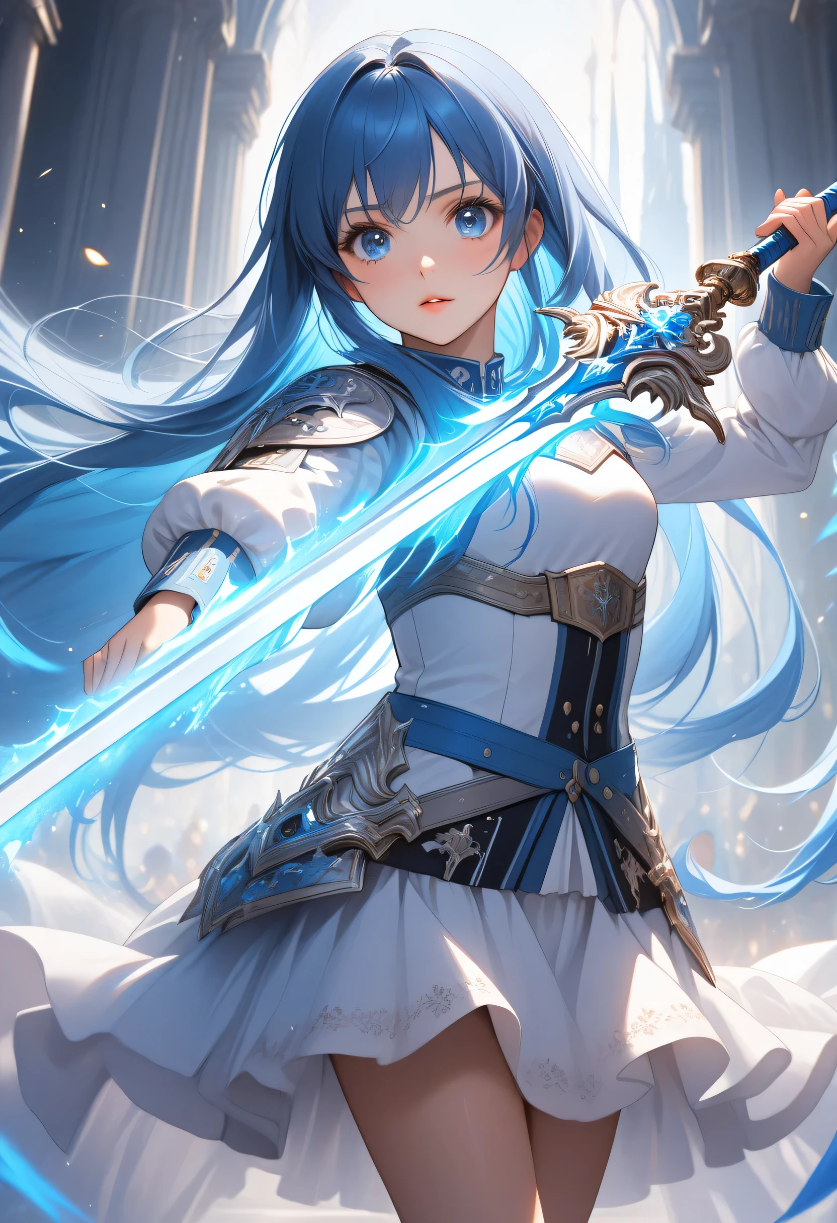 masterpiece, best quality, finely detail, Very detailed, hight resolution, Beautiful detailed eyes, Natural Lip, girl, an exquisitely detailed and beautiful face and eyes and skin, raw photo, young face, cute, slender body, long hair, blue hair, Plasma sword, holding sword, , (dynamic pose), fantasy, medium breasts