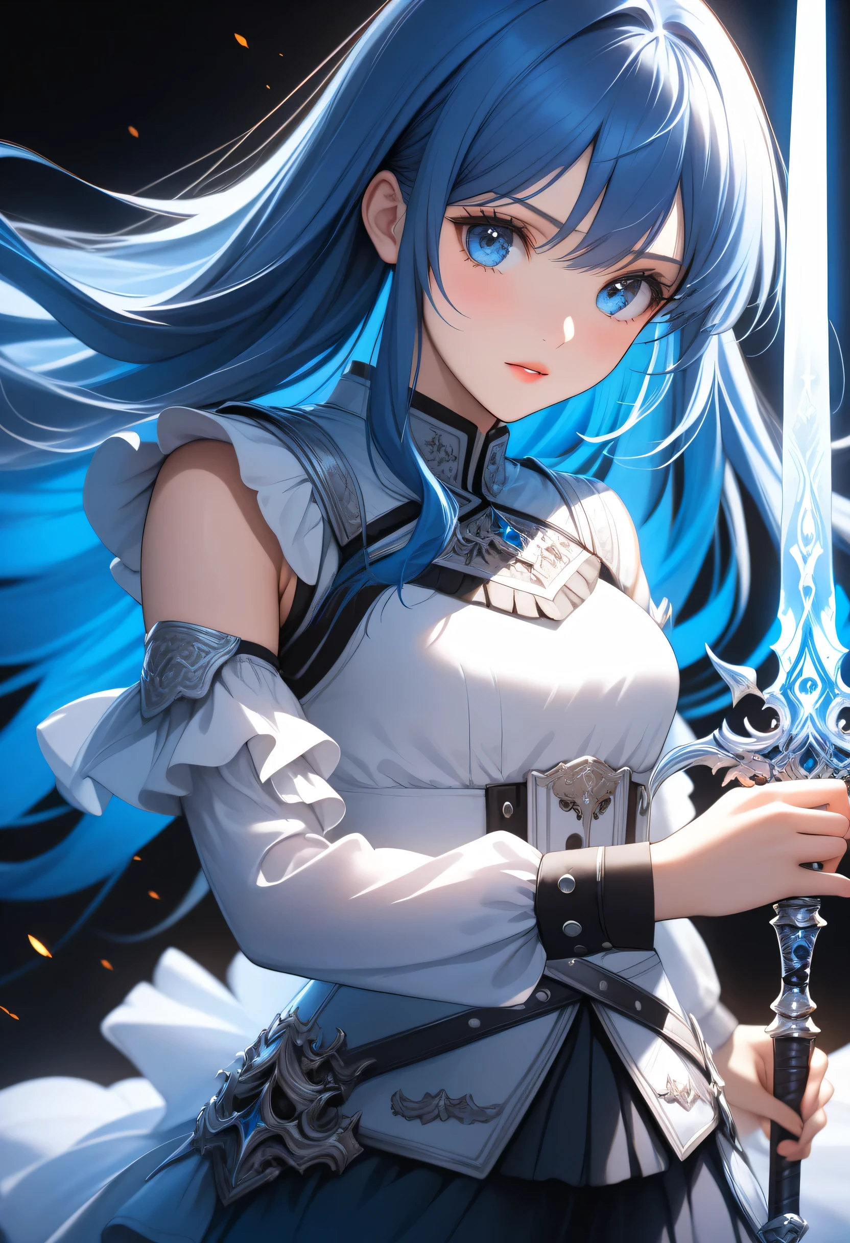 masterpiece, best quality, finely detail, Very detailed, hight resolution, Beautiful detailed eyes, Natural Lip, girl, an exquisitely detailed and beautiful face and eyes and skin, raw photo, young face, cute, slender body, long hair, blue hair, Plasma sword, holding sword, , (dynamic pose), fantasy, medium breasts