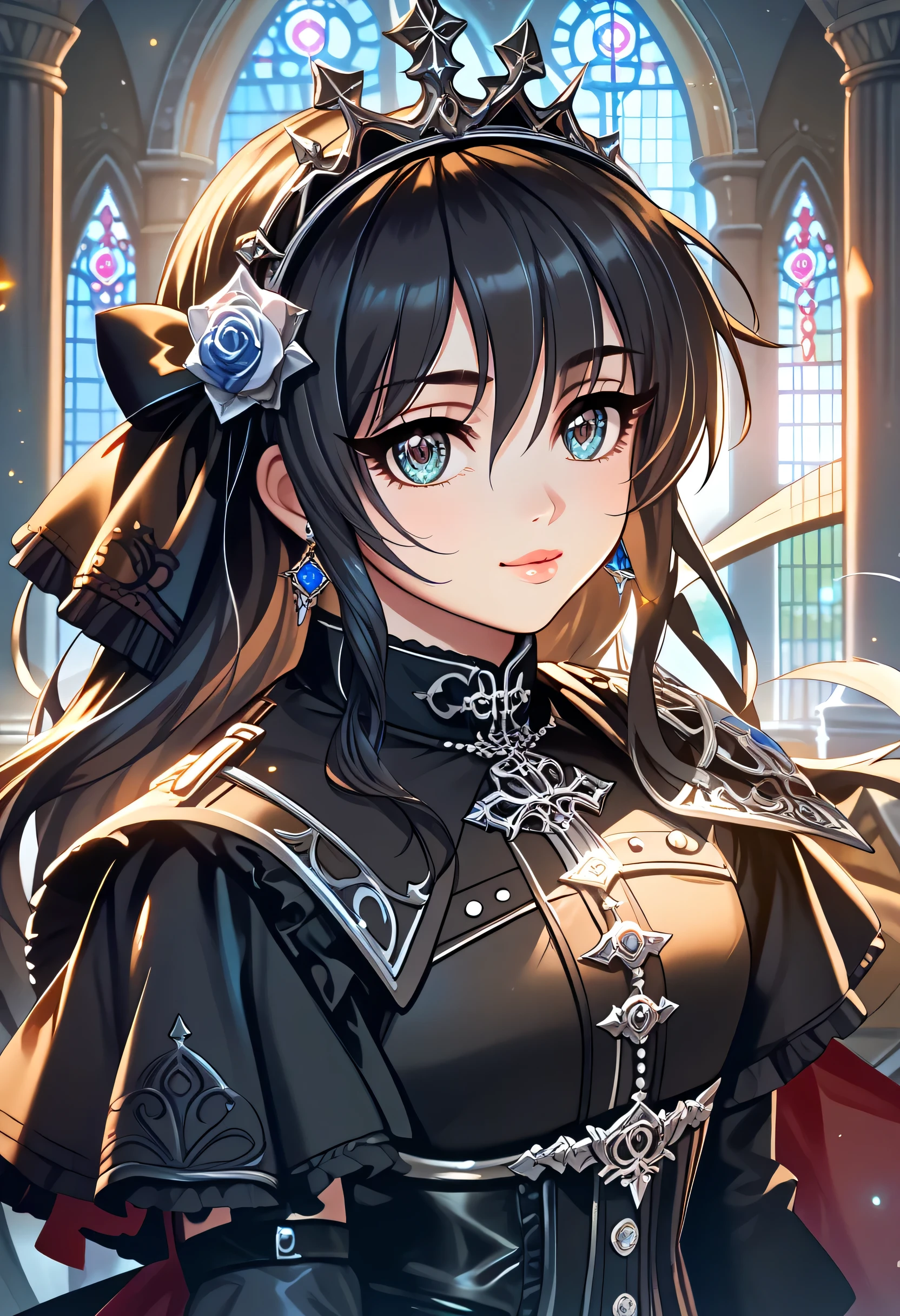 masterpiece, best quality, finely detail, Very detailed, hight resolution, Beautiful detailed eyes, Natural Lip, girl, an exquisitely detailed and beautiful face and eyes and skin, raw photo, young face, cute, slender body, long hair, braided bangs, Plasma sword, dynamic pose, castle, black gothic lolita