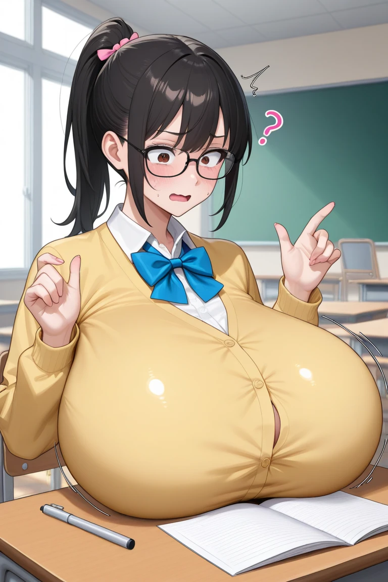 1womanl,female teacher,30s,Office Suits, Black tight skirt,White blouse, Standing,tits out,(large breasts:1.6),wide hips, short of a person,Beautiful face,slanted eye,Thin eyebrows,Cool Face,Black hair, Medium Hair,from the front side,Indoor,Daytime,In the classroom,Anime style,masutepiece, extremely fine and beautiful,Illustration