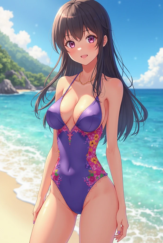 (highest quality, 4k, masterpiece :1.3), Beautiful woman, 1 girl, (chest, attractive body :1.2),Amara Winchester ● Eye color: Purple ● Hair color: Purple ● Body size: Tall, plum, slim, and curvy ● Skin color: fair ● Clothing style: mature, combat, cute, and feminine bikini ● Clothing color: pink and white ● Pose: smiling and standing on the beach ● Picture: single picture