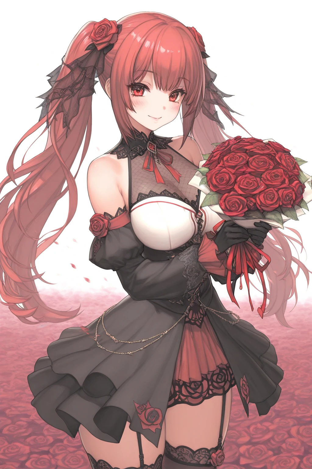 Bare shoulders,Plump breasts,tights,Holding the broken red rose in hand,