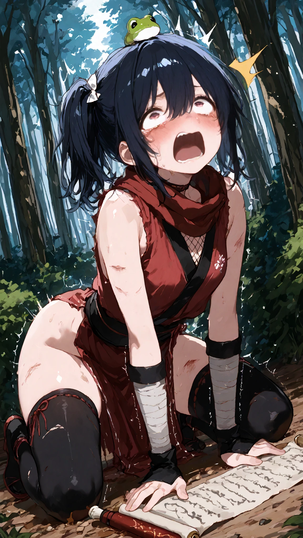 score_9, score_8_up, score_7_up, very aesthetic, source_anime, detailed, high quality, beautiful, masterpiece, detailed eyes, forest, tree, ruins, zdyna_posecowboy photo, close up, dynamic angle, full body, from behind, showing panties, on all fours with her ass out in front of the camera, squeezing her ass, sexy position, pained face, tear in her eyes, medium breasts, dynamic pose, from behind, looking back, 1 girl, black hair, brown eyes, orange bandana, bangs, medium hair, pink panties and red belly-length shirt,,,,, zPDXL