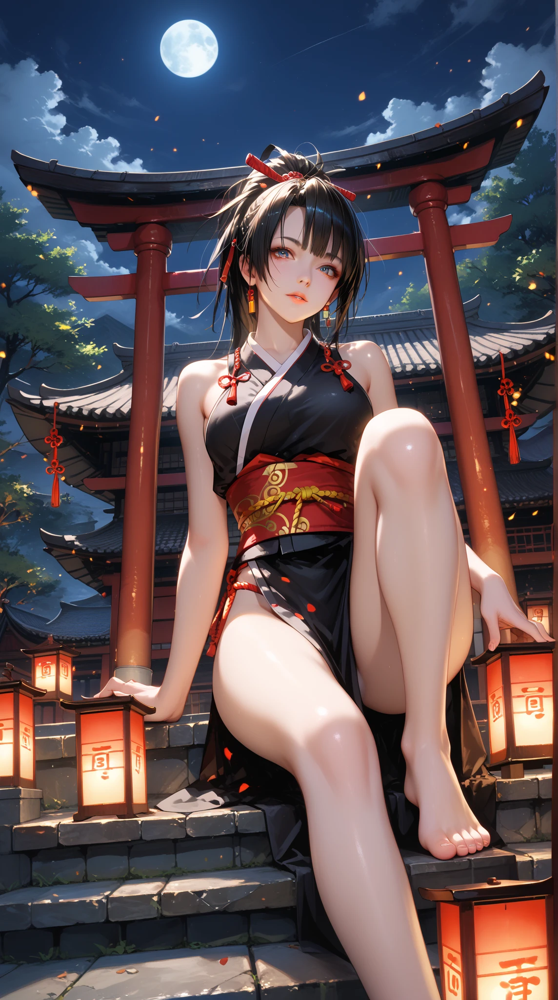 Best Quality, Very Detailed, (Realistic), Masterpiece, Photorealistic, Realistic Human Proportions, Fantastic Realism, Perfect Lighting, Soft Light, Natural Light, Physically Based Rendering, Auto White Balance, 4K,Solo,Nsfw,1girl, (Miyu Edelfelt),loli,black hair,brown eyes,seductive smile,nsfw, barefoot, see-through dress, butterfly, butterfly hair ornament, backless dress, chinese clothes,sleeveless, double bun,golden dragon print,bare foot,soles,elbow gloves,hair bun, hair ornament,jewelry,earrings,anklet,slim legs,nail polish, small chest, solo,foot focus, toenail polish, toenails, 5toes, twintails,outdoor,Chinese style architecture, Chinese style, lake, ancient town, beautiful and meticulous water,the red lantern,fireworks,masterpiece, best quality,Super detailed, exquisite face shape, nose, red lips, detailed eyes, (iris and pupils are round, pupils reflect the environment, eyes vary in size) eyeliner, eyelashes, smooth hair, smooth skin, posing for a photo