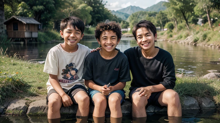 A beautiful evening, around 5pm, a brown indian boy wearing aqua blue tshirt and blue jeans, sitting on the steps next to a lake ,on right side of the image,feeling sad, sitting away from his two indian fair skin friends sitting on left side of the image, two boys wearing black tshirts. Keep space between the two black shirts boys and blue tshirt boy.