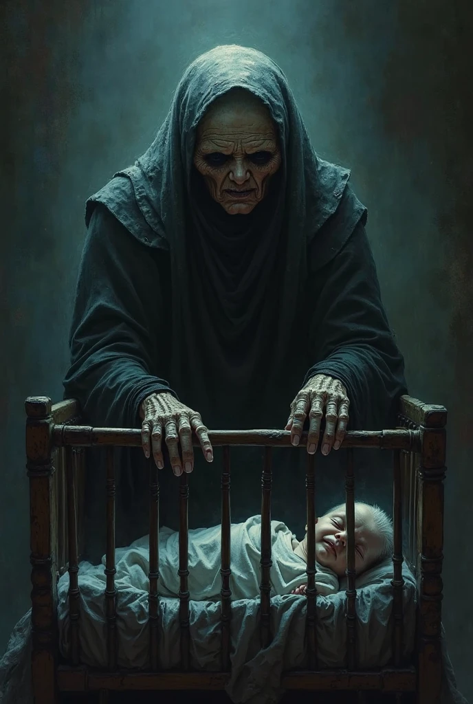 An old wizard with long, scary nails and an open mouth to eat a child, who is holding a baby in a cradle.
