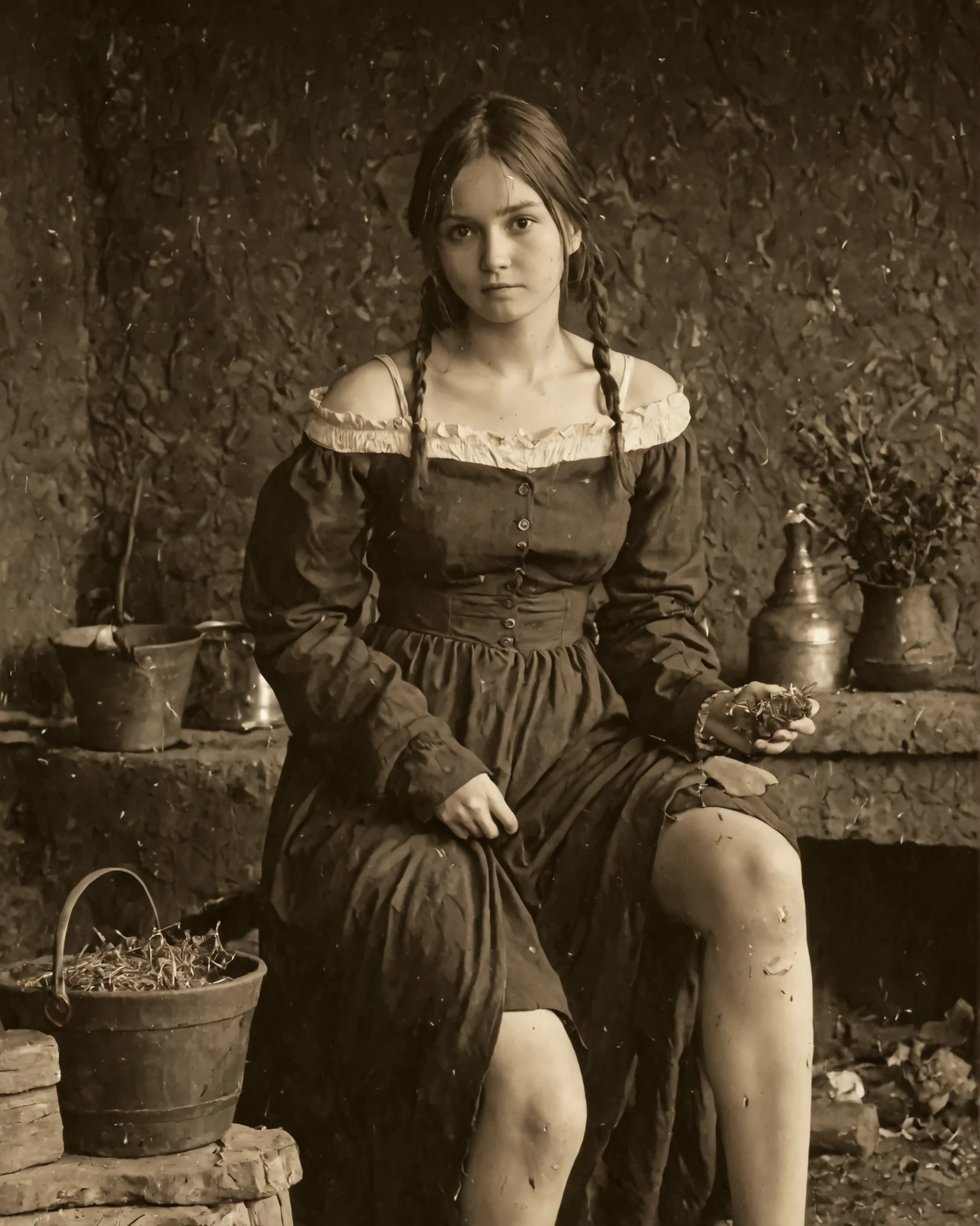 late 19th century American frontier (skinny young girl) is working hard, gathered her family, sepia tone, faded colors, heavy film grain, scratched and creased edges, soft vignetting, slight blur, high contrast, vintage silver gelatin print style, full‑body view of a seductive pioneer (skinny young girl), (small breasts), hidden crotch, fitted calico dress with plunging neckline and thigh‑high slit, off‑shoulder puff sleeves revealing bare shoulders, tousled finger‑wave hair, sun‑kissed glowing skin with subtle sheen, candid slice‑of‑life moment not looking at camera, surrounding rustic objects: cast‑iron pot on hearth, hanging dried herbs, wooden bucket, horse‑drawn wagon in background, rolling prairie beyond, golden hour lighting, earthy muted palette with warm highlights, cinematic soft focus, slight film grain, no modern elements, 
