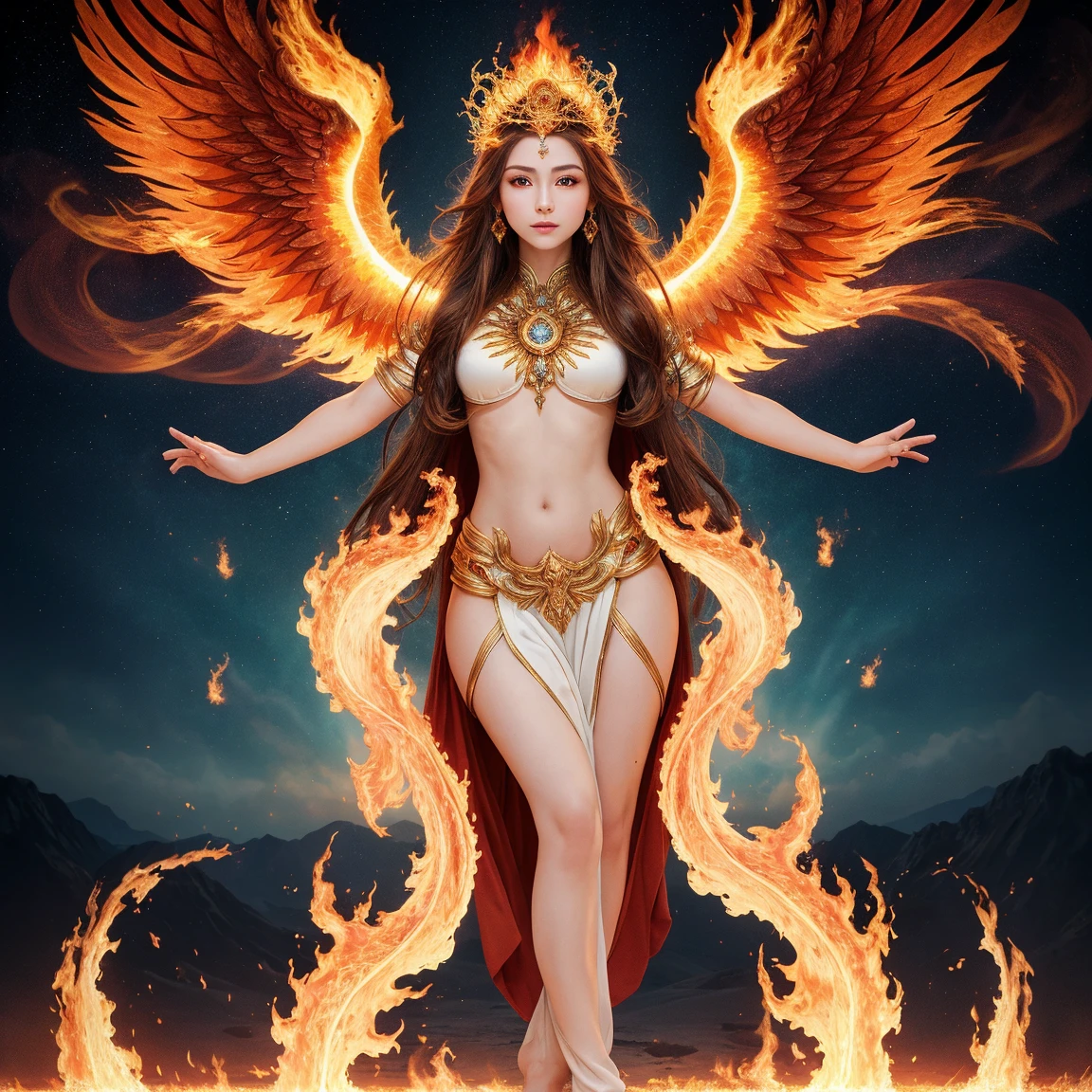 ((top-quality)), ((tmasterpiece)), ((hentail realism)), portraitures, 1girll, Um ser celestial, Deities, goddes, Particles of Light, The halo, looki at viewer, (Bio-luminescence:0.95) the fire, Bio-luminescence, Phoenix, Brilliant, extremely colorful, Color, (Glow, Glow), (Beautiful composition), ciinematic light, twists, (symetry: 0.5), capricious, Buddha,