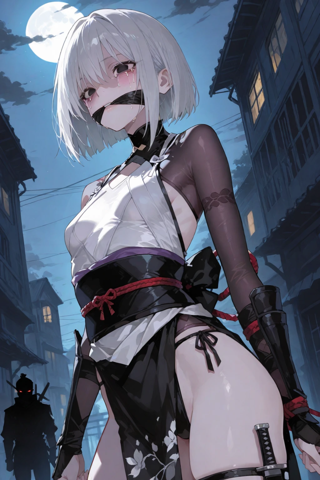 kurumitokisaki, tokisaki kurumi, pelo negro, dos colas bajas, (pelo sobre un ojo:1.5), (ojos rojos:1.2), (little mom:1.2), ROMPER blush, sonrisa, muslos, arco, cinta, escote, volantes, delantal, white muslos, wristbands, mucama, mucama headdress, correas de liga, ROMPER looking at viewer, ROMPER indoors, cama, camaroom, ROMPER (Obra maestra:1.2), mejor calidad, high resolution, fondo de pantalla de unidad 8k, (illustration:0.8), (hermosos ojos detallados:1.6), cara extremadamente detallada, Perfect lighting, CG extremadamente detallado, (manos perfectas, perfect anatomy), 1girl, duct tape, wrapped around mouth, silver, gagged, improvised gag, tape gagged, bound, bound chest, bound arms, restraint, tied up, arms behind back, strapped with belts
