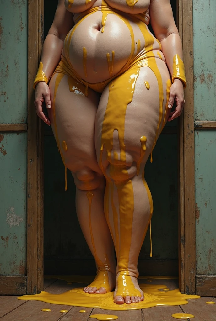 A very fat young woman biting greasy food. She is blonde and has a pretty face. Even so, His face is fat. She is naked and soaked in the grease from the food. She is sitting on a bed but she is so obese that she barely fits in the bed.. She is excited about how fat she is and her vagina is visible