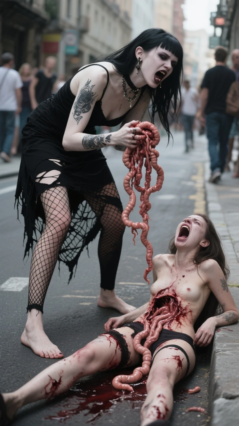 Agraphically detailed and uncensored portrayal of Billie Eilish in an unconventional and provocative situation, depicted naked and confronted by a brutal ensemble of five men, with a man intimately involved, penetrating her completely opening vagina. The sunlight gleams vividly on her emaciated and pale body, contrasting the lively atmosphere of the bustling street and its inhabitants. The focus dwells on the harrowing scene, with a man's penetration resulting in apparent pleasure and a trace of blood. A crowd of intrigued onlookers gathers, drawn in by her blood-stained and sperm-soaked form.