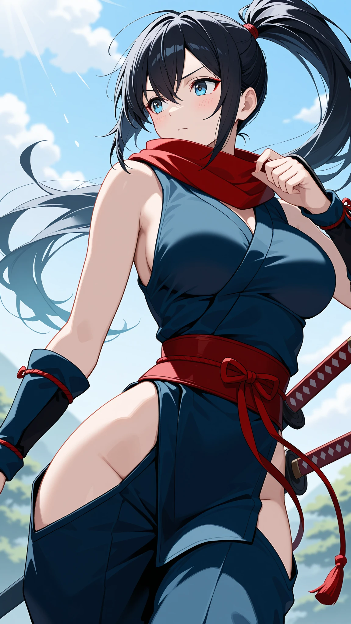 Highly detailed, a 22 yo's woman, Very huge hairstyle, vivid-cerulean BLUE hair, Carmine red eyes, busty, big And round buson, gorgeous plump body, face scar, cyan sattela's clothes, cyan sattela's Long skirt, Holding a weapon, action position, happy face